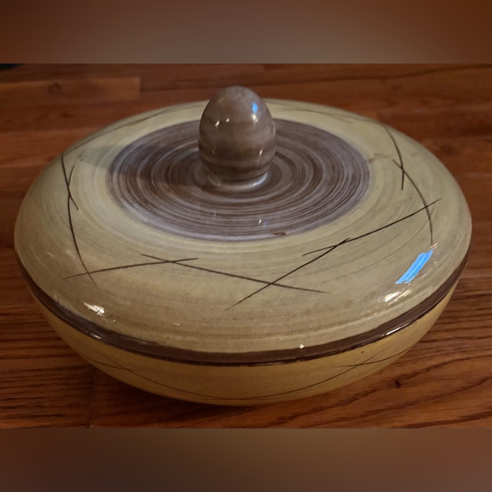 Santa Anita Vreni Casserole Mid Century 1951 Mod Brown Pink Swirl w/lid, EUC